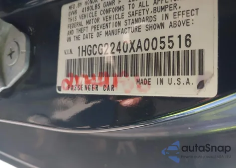 1999 Honda Accord Lx V6 from USA, damaged, VIN 1HGCG2240XA005516